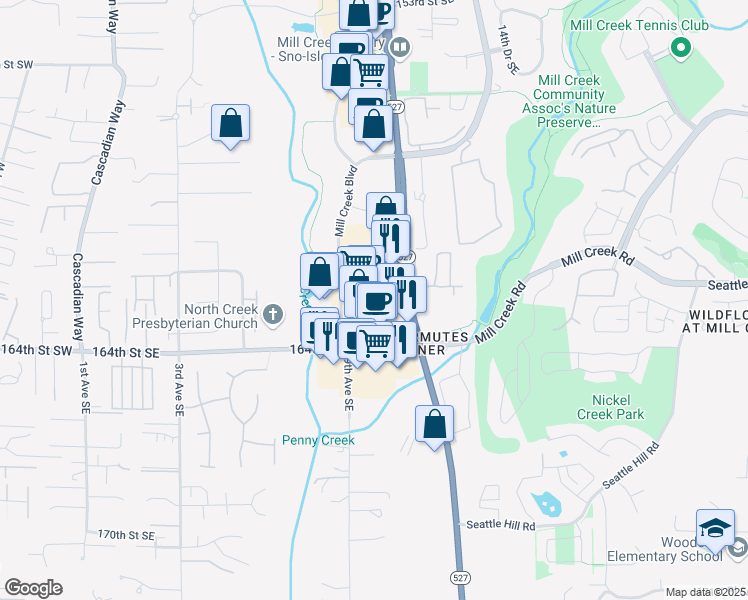 map of restaurants, bars, coffee shops, grocery stores, and more near 16232 Bothell Everett Highway in Mill Creek