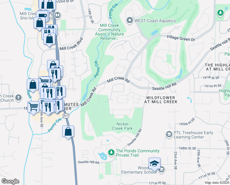 map of restaurants, bars, coffee shops, grocery stores, and more near 1800 Mill Creek Road in Mill Creek