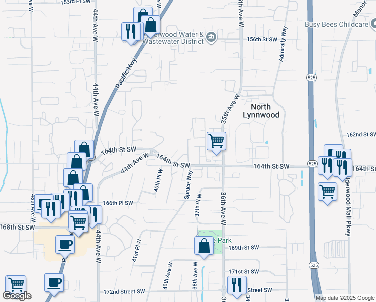 map of restaurants, bars, coffee shops, grocery stores, and more near 3805 164th Street Southwest in Lynnwood