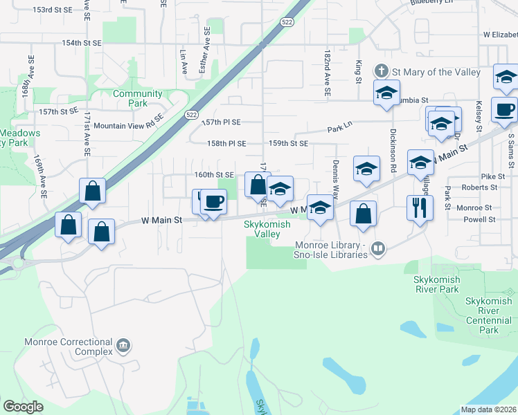 map of restaurants, bars, coffee shops, grocery stores, and more near 16029 179th Avenue Southeast in Monroe