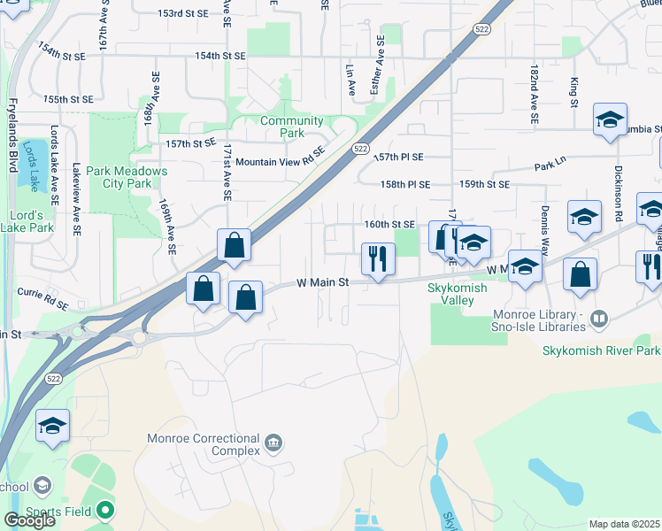map of restaurants, bars, coffee shops, grocery stores, and more near 17457 161st Street Southeast in Monroe