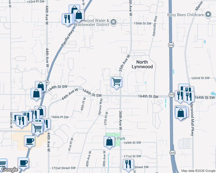 map of restaurants, bars, coffee shops, grocery stores, and more near 16206 36th Avenue West in Lynnwood