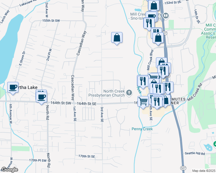 map of restaurants, bars, coffee shops, grocery stores, and more near 304 161st Place Southeast in Bothell
