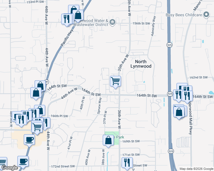 map of restaurants, bars, coffee shops, grocery stores, and more near 16206 36th Avenue West in Lynnwood
