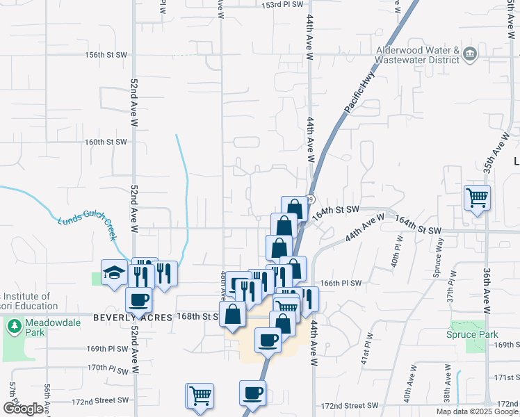 map of restaurants, bars, coffee shops, grocery stores, and more near 4525 164th Street Southwest in Lynnwood