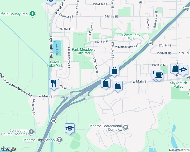 map of restaurants, bars, coffee shops, grocery stores, and more near 16148 169th Avenue Southeast in Monroe