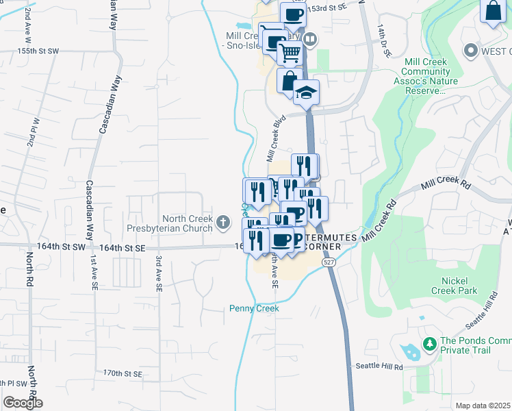 map of restaurants, bars, coffee shops, grocery stores, and more near 16300 Mill Creek Boulevard in Mill Creek