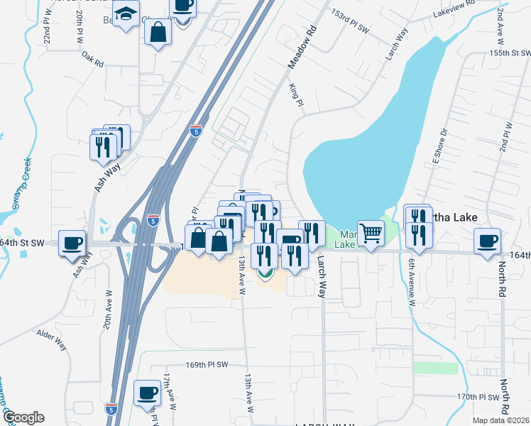 map of restaurants, bars, coffee shops, grocery stores, and more near 16130 Larch Way in Lynnwood