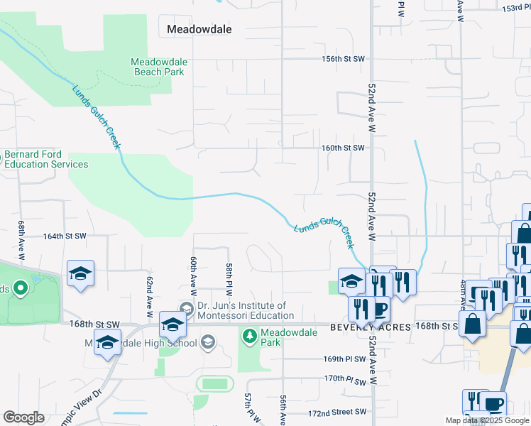 map of restaurants, bars, coffee shops, grocery stores, and more near 5725 164th Street Southwest in Lynnwood
