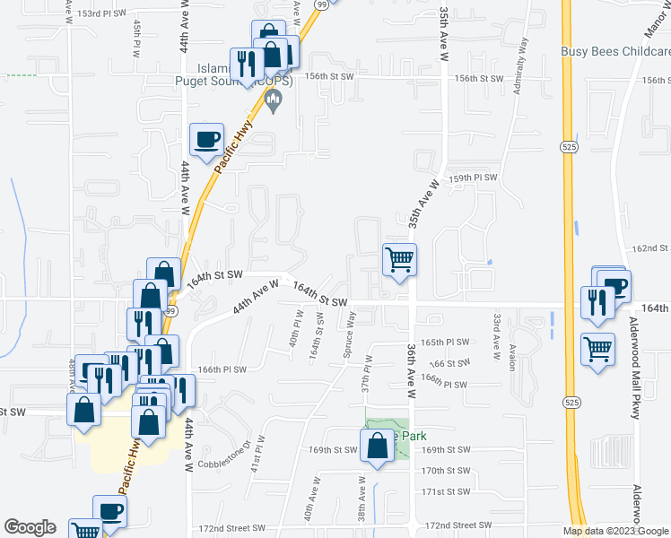map of restaurants, bars, coffee shops, grocery stores, and more near 3825 164th Street Southwest in Lynnwood