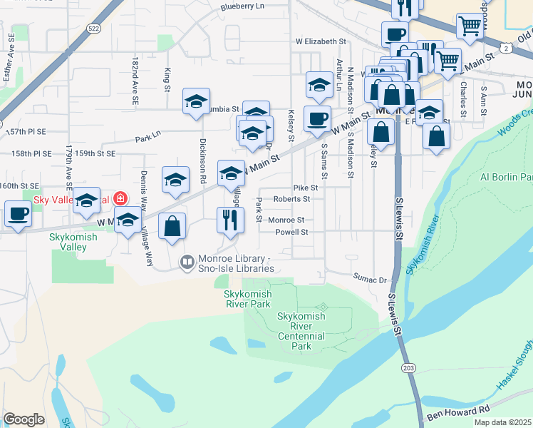 map of restaurants, bars, coffee shops, grocery stores, and more near 647 Monroe Street in Monroe
