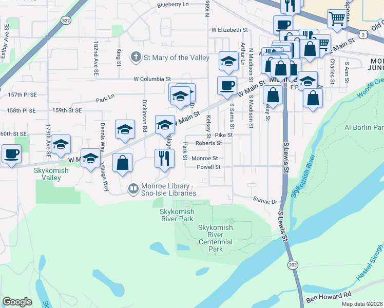 map of restaurants, bars, coffee shops, grocery stores, and more near 643 Monroe Street in Monroe