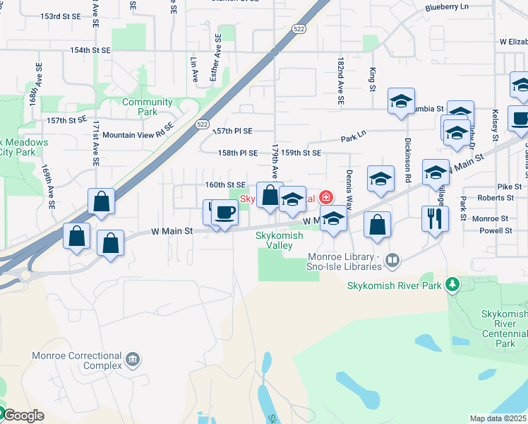 map of restaurants, bars, coffee shops, grocery stores, and more near 16103 178th Avenue Southeast in Monroe
