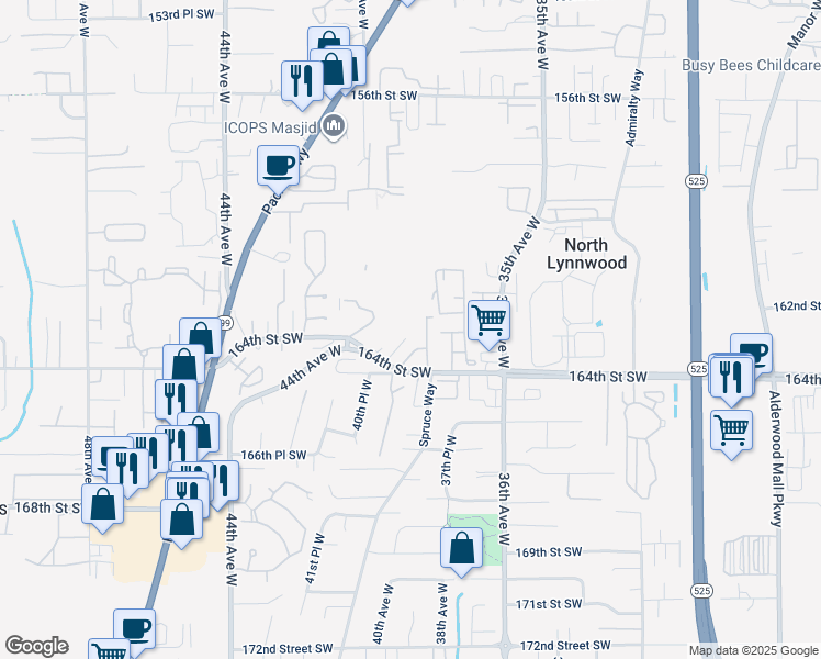 map of restaurants, bars, coffee shops, grocery stores, and more near 3825 164th Street Southwest in Lynnwood