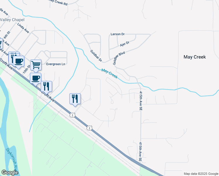 map of restaurants, bars, coffee shops, grocery stores, and more near 41122 May Creek Drive in Gold Bar