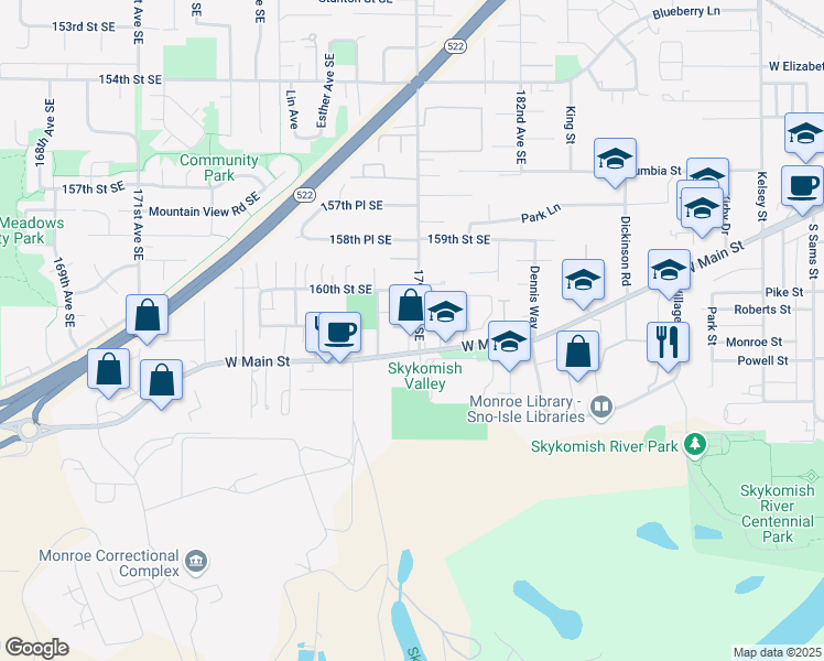 map of restaurants, bars, coffee shops, grocery stores, and more near 16029 179th Avenue Southeast in Monroe