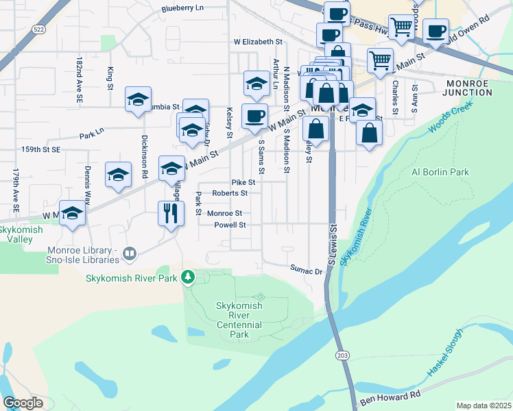 map of restaurants, bars, coffee shops, grocery stores, and more near 332 South Sams Street in Monroe