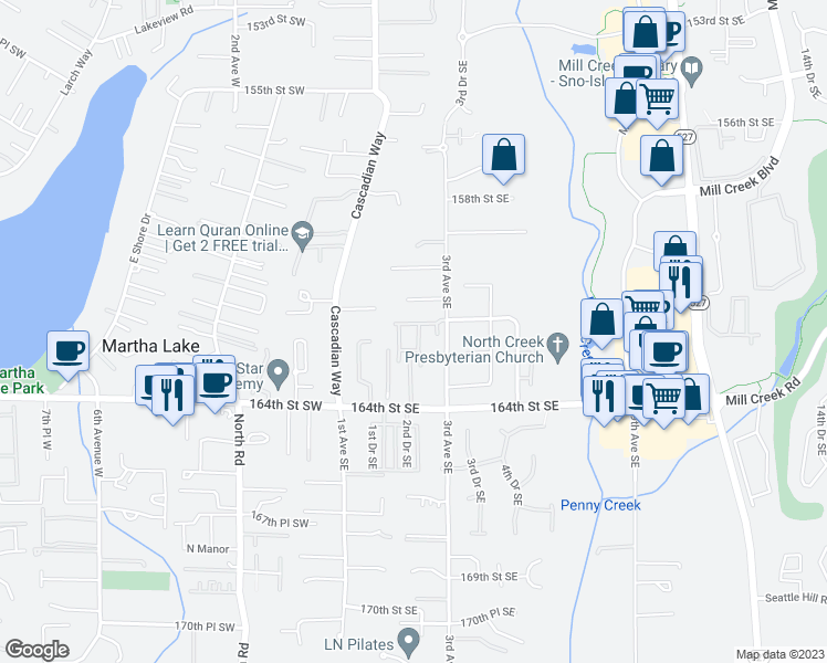 map of restaurants, bars, coffee shops, grocery stores, and more near 16128 2nd Avenue Southeast in Bothell