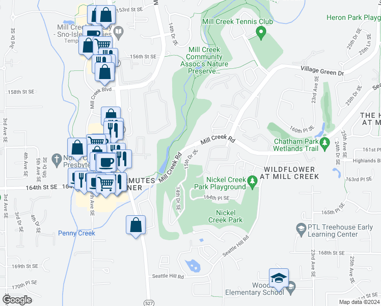 map of restaurants, bars, coffee shops, grocery stores, and more near 16208 15th Drive Southeast in Mill Creek