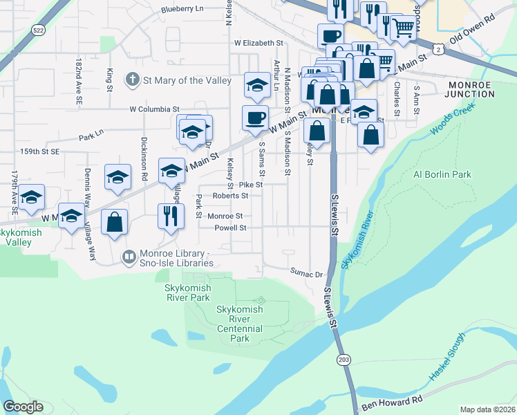 map of restaurants, bars, coffee shops, grocery stores, and more near 342 South Sams Street in Monroe