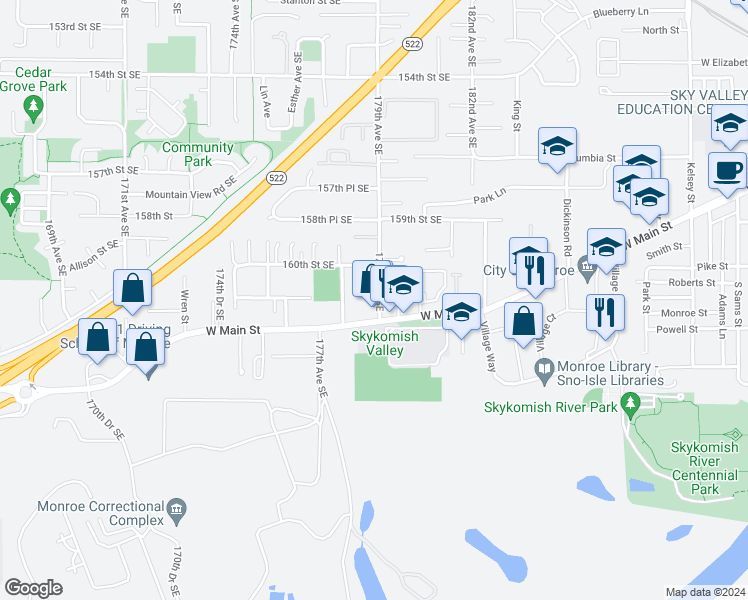 map of restaurants, bars, coffee shops, grocery stores, and more near 16029 179th Avenue Southeast in Monroe