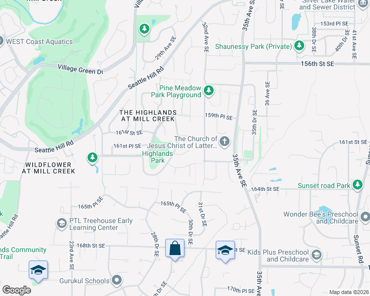 map of restaurants, bars, coffee shops, grocery stores, and more near 3025 162nd Place Southeast in Mill Creek