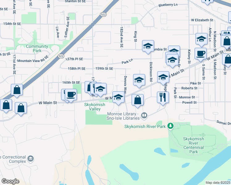 map of restaurants, bars, coffee shops, grocery stores, and more near 1221 West Main Street in Monroe