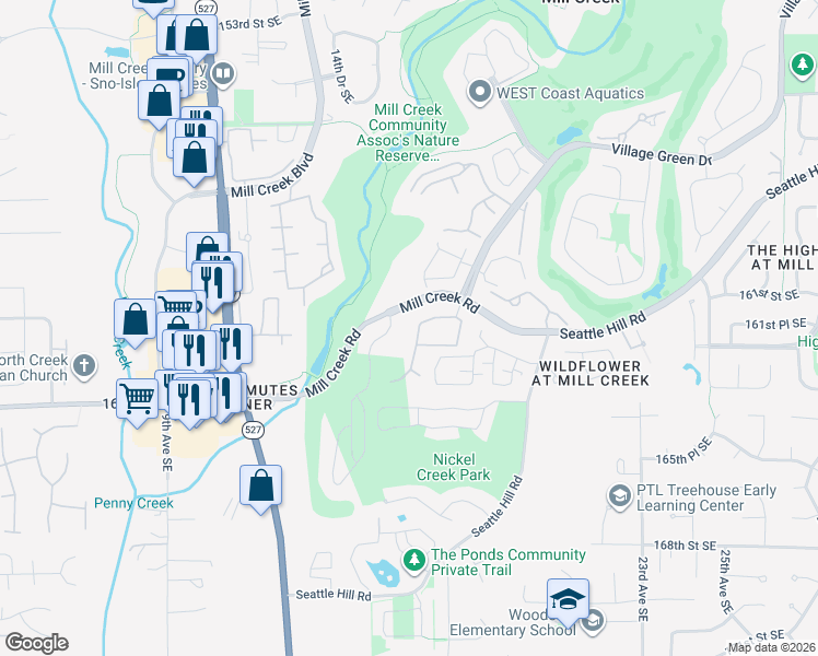 map of restaurants, bars, coffee shops, grocery stores, and more near 1466 Mill Creek Road in Mill Creek