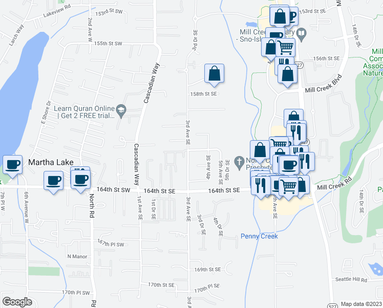 map of restaurants, bars, coffee shops, grocery stores, and more near 304 161st Place Southeast in Bothell