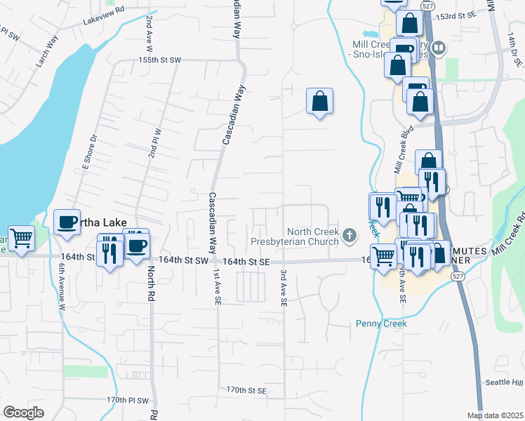map of restaurants, bars, coffee shops, grocery stores, and more near 16124 2nd Avenue Southeast in Bothell