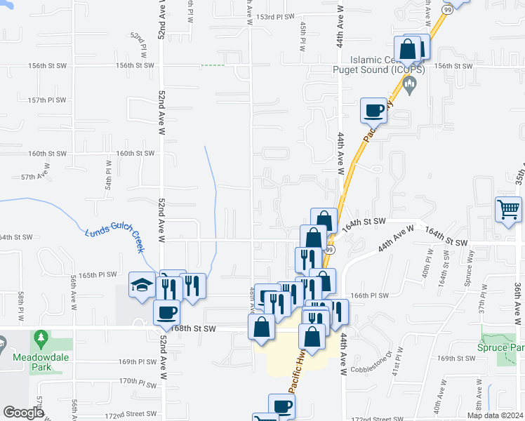 map of restaurants, bars, coffee shops, grocery stores, and more near 16223 48th Avenue West in Edmonds