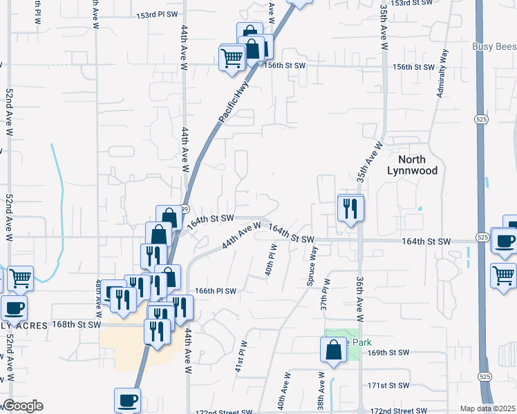 map of restaurants, bars, coffee shops, grocery stores, and more near 4025 164th Street Southwest in Lynnwood