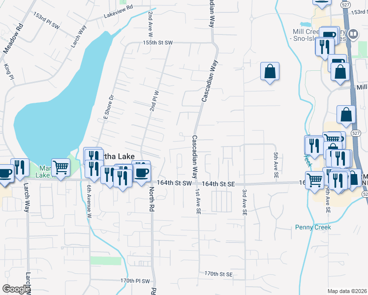 map of restaurants, bars, coffee shops, grocery stores, and more near 16122 Cascadian Way in Bothell