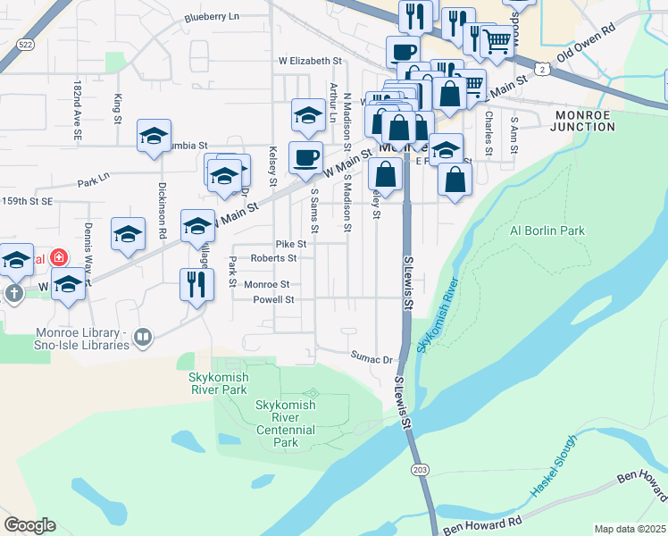 map of restaurants, bars, coffee shops, grocery stores, and more near 324 South Madison Street in Monroe