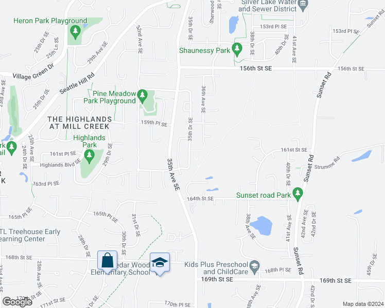 map of restaurants, bars, coffee shops, grocery stores, and more near 16107 35th Drive Southeast in Bothell