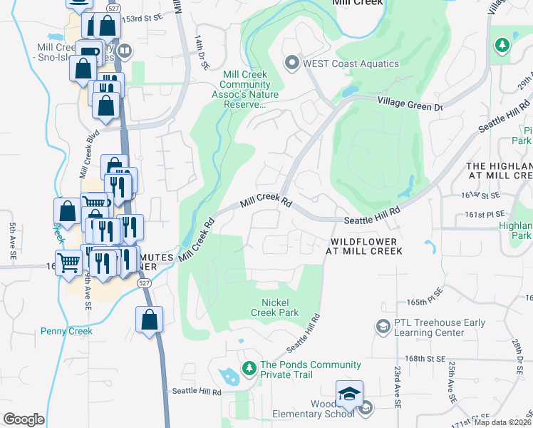 map of restaurants, bars, coffee shops, grocery stores, and more near 1800 Mill Creek Road in Mill Creek