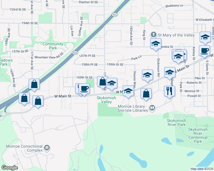 map of restaurants, bars, coffee shops, grocery stores, and more near 16029 179th Avenue Southeast in Monroe