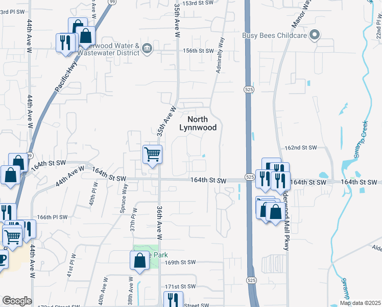 map of restaurants, bars, coffee shops, grocery stores, and more near 3305 164th Street Southwest in Lynnwood