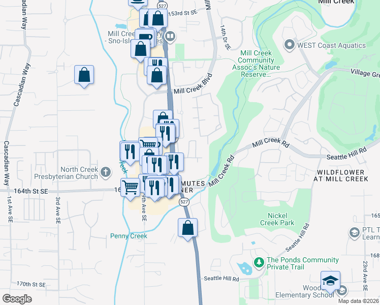 map of restaurants, bars, coffee shops, grocery stores, and more near 16101 Bothell Everett Highway in Mill Creek