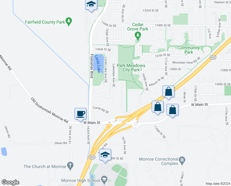 map of restaurants, bars, coffee shops, grocery stores, and more near 16117 Lakeview Avenue Southeast in Monroe