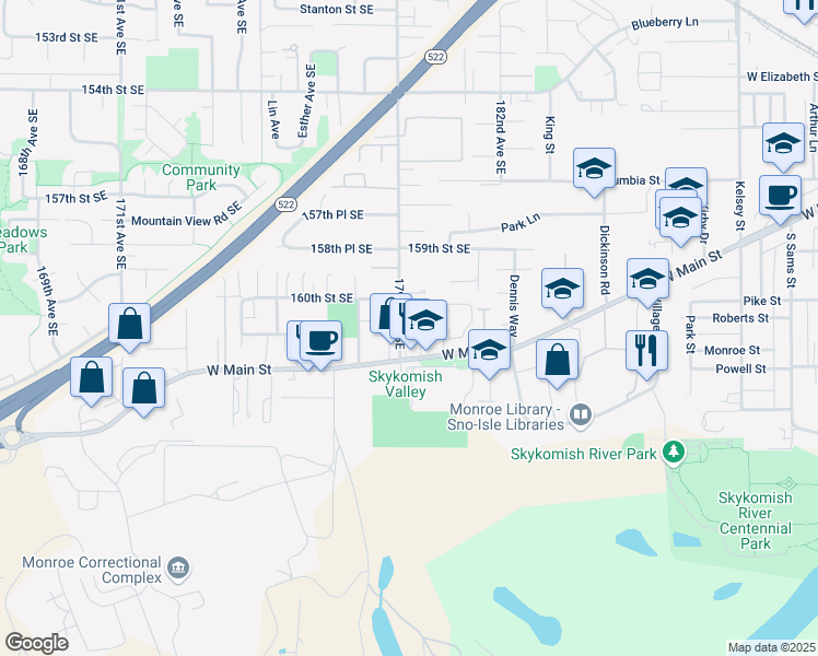 map of restaurants, bars, coffee shops, grocery stores, and more near 16029 179th Avenue Southeast in Monroe