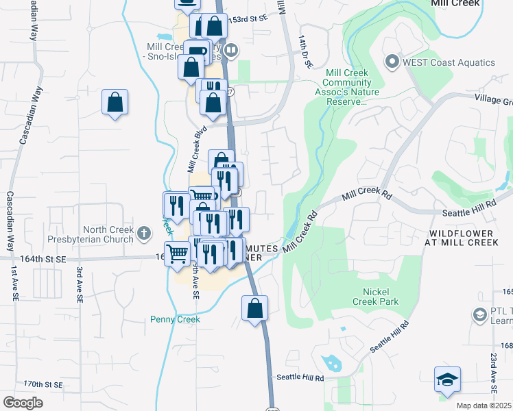 map of restaurants, bars, coffee shops, grocery stores, and more near 16101 Bothell Everett Highway in Mill Creek