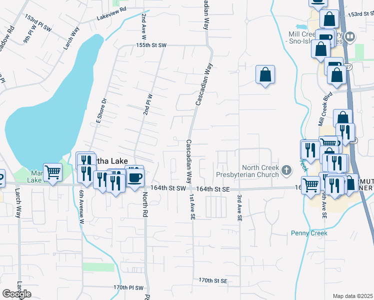 map of restaurants, bars, coffee shops, grocery stores, and more near 16124 Cascadian Way in Bothell