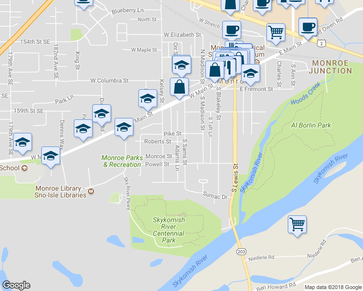 map of restaurants, bars, coffee shops, grocery stores, and more near 332 South Sams Street in Monroe