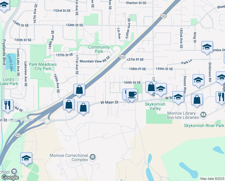 map of restaurants, bars, coffee shops, grocery stores, and more near 17457 161st Street Southeast in Monroe