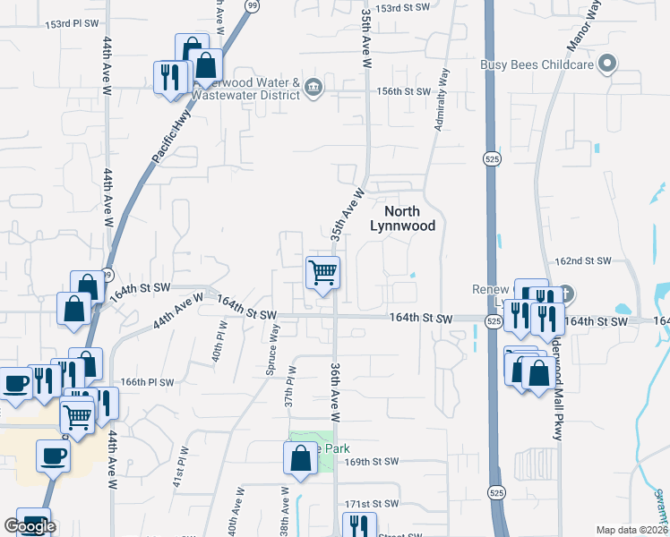 map of restaurants, bars, coffee shops, grocery stores, and more near 16120 36th Avenue West in Lynnwood