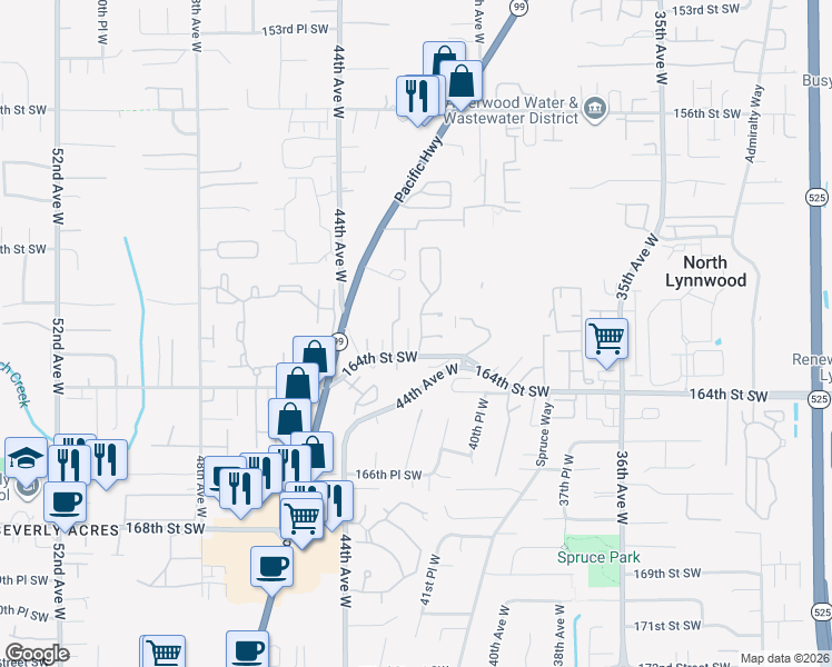 map of restaurants, bars, coffee shops, grocery stores, and more near 4111 164th Street Southwest in Lynnwood