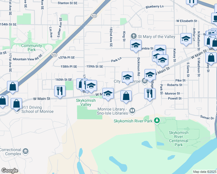 map of restaurants, bars, coffee shops, grocery stores, and more near 1221 West Main Street in Monroe
