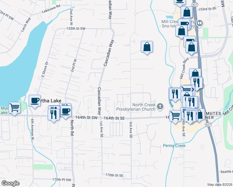map of restaurants, bars, coffee shops, grocery stores, and more near 16124 2nd Avenue Southeast in Bothell