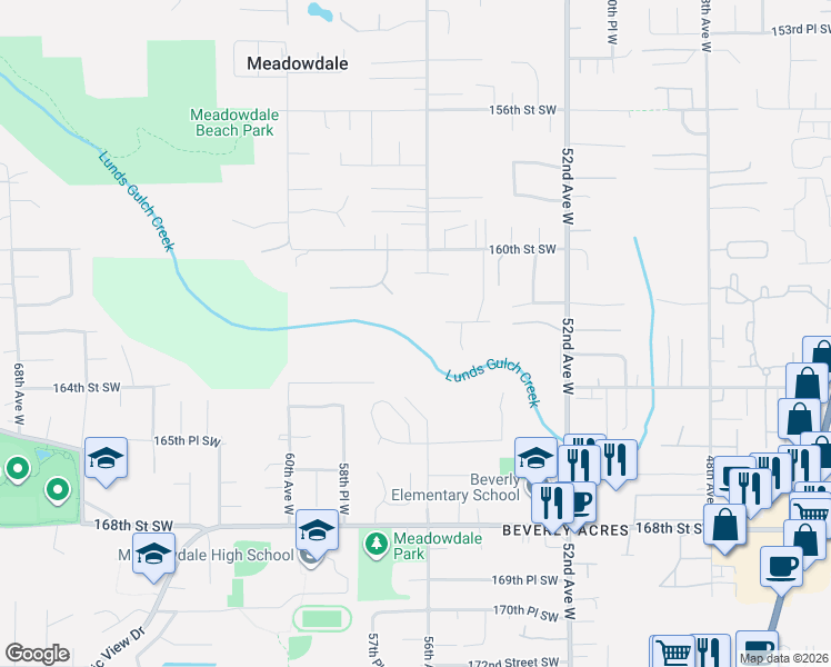 map of restaurants, bars, coffee shops, grocery stores, and more near 5725 164th Street Southwest in Lynnwood